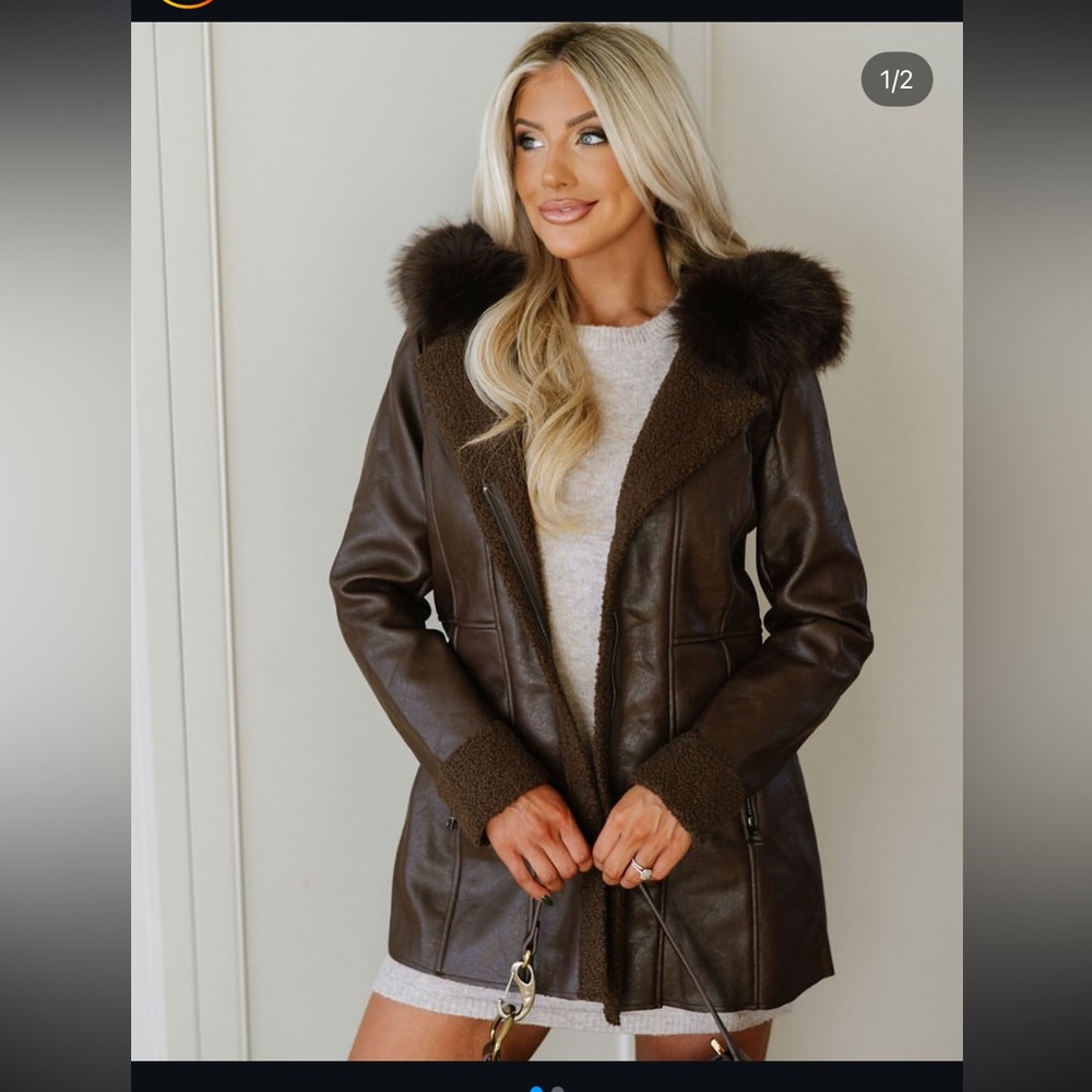 Brown Leather Jacket with Fur Trim and Glossy Finish